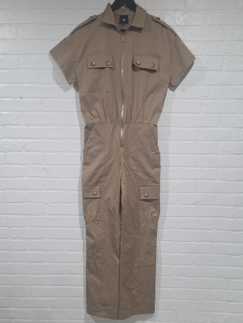 Short-Sleeve Utility Jumpsuit in Taupe